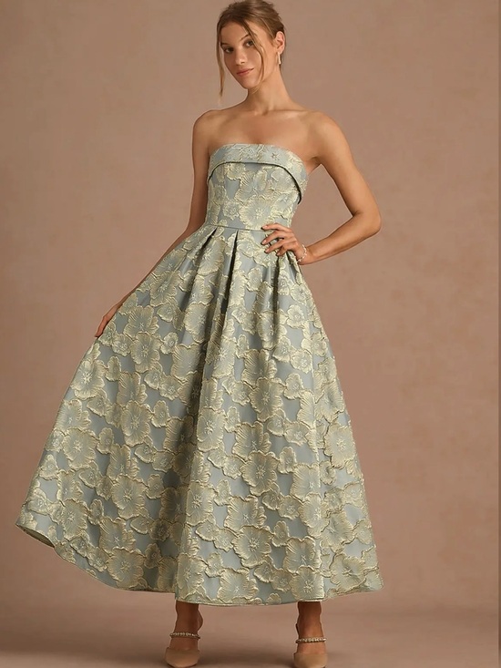 Azazie Dresses & Skirts - Azazie Strapless Floral Jacquard Midi Dress in Light Blue and Gold Accents